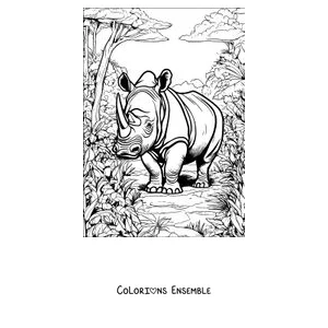 Coloriage d'un rhinocéros se promenant dans la jungle
