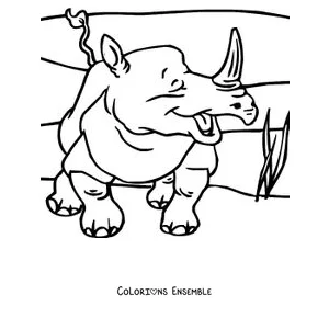 Coloriage d'un rhinocéros qui marche dans l'herbe