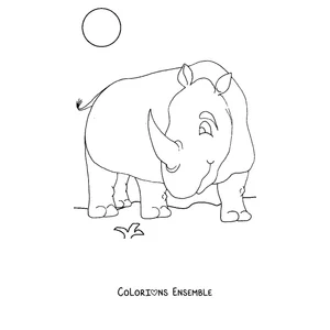 Coloriage d'un rhinocéros souriant sous le soleil