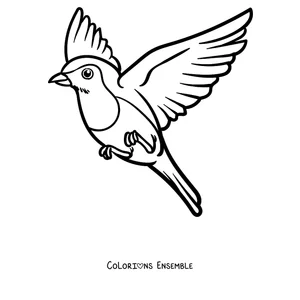 Coloriage d'un rouge-gorge en vol, les ailes déployées
