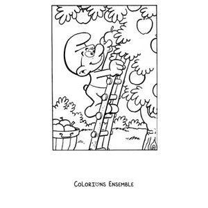 Coloriage d'un Schtroumpf qui cueille des pommes sur une échelle