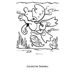 Coloriage d'un Schtroumpf qui plonge au milieu des poissons