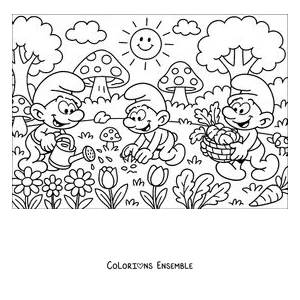 Coloriage de trois Schtroumpfs qui travaillent au potager