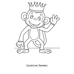 Coloriage d'un singe avec une couronne de roi qui salue