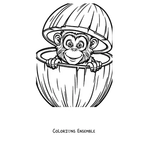 Coloriage d'un singe qui sort la tête d'une noix de coco