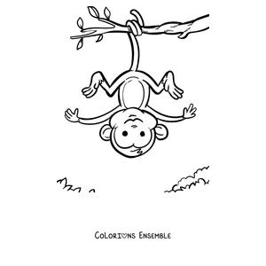 Coloriage d'un singe suspendu la tête en bas à une branche