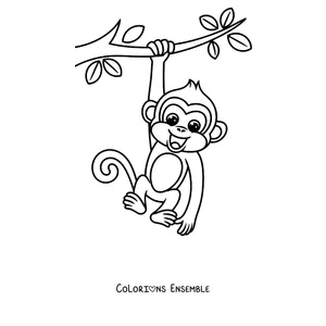 Coloriage d'un singe suspendu à une branche par la queue