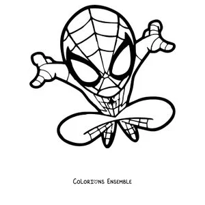 Coloriage de Spider-Man en version chibi sautant tout joyeux