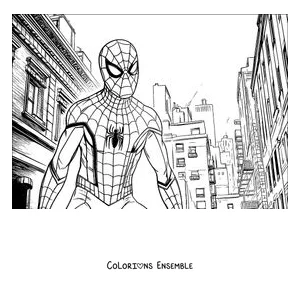 Coloriage de Spider-Man debout dans une rue entourée d'immeubles