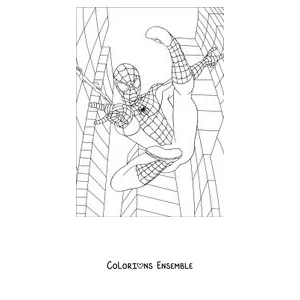 Coloriage de Spider-Man grimpant entre deux gratte-ciel très hauts
