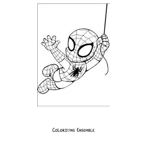 Coloriage d'un petit Spider-Man suspendu et se balançant à sa toile