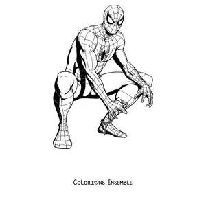Coloriage de Spider-Man accroupi dans une pose de héros
