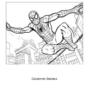 Coloriage de Spider-Man sautant les bras écartés entre les immeubles