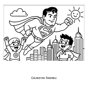 Coloriage de Superman en dessin animé volant au-dessus de la ville avec deux enfants super-héros