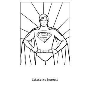 Coloriage de Superman dans une pose héroïque avec des rayons en fond