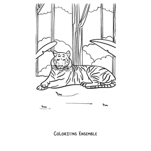 Coloriage d'un tigre au repos dans la jungle