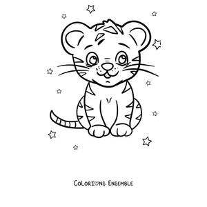 Coloriage d'un tigre kawaii assis parmi les étoiles