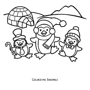 Coloriage de trois pingouins qui jouent près d'un igloo