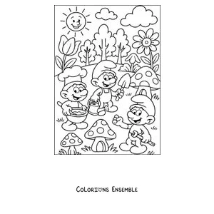 Coloriage de trois Schtroumpfs dans le jardin du village