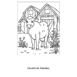 Coloriage de vache devant la grange