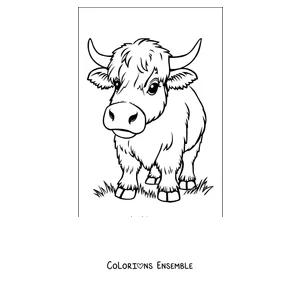 Coloriage de vache highland à poils longs avec de longues cornes