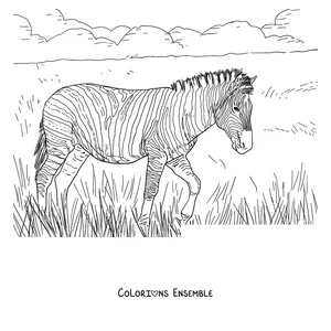 Coloriage d'un zèbre qui marche dans les hautes herbes